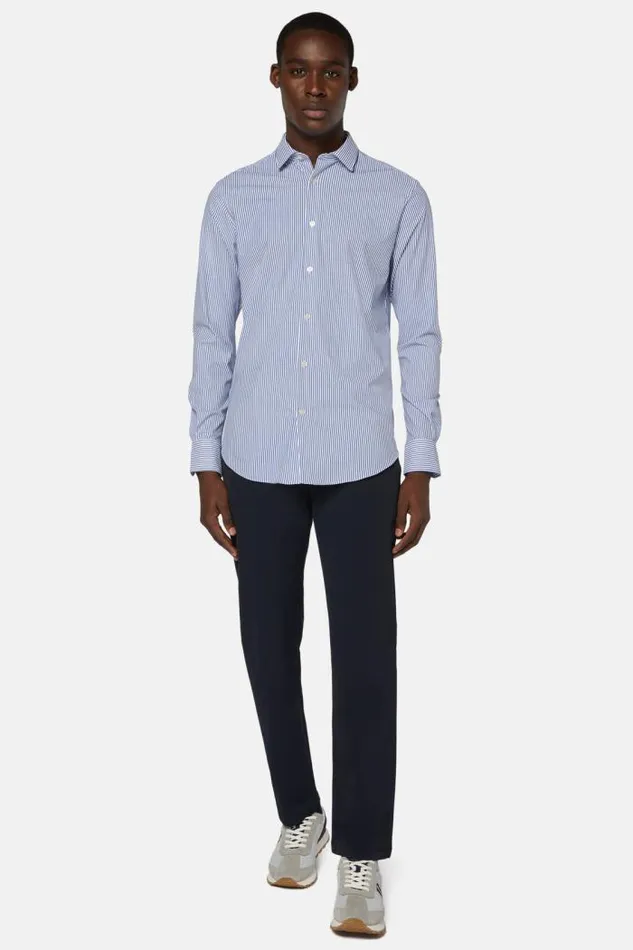 Casual Shirts Men Boggi Milano Slim Fit Blue Stripe Stretch Nylon Shirt Blue