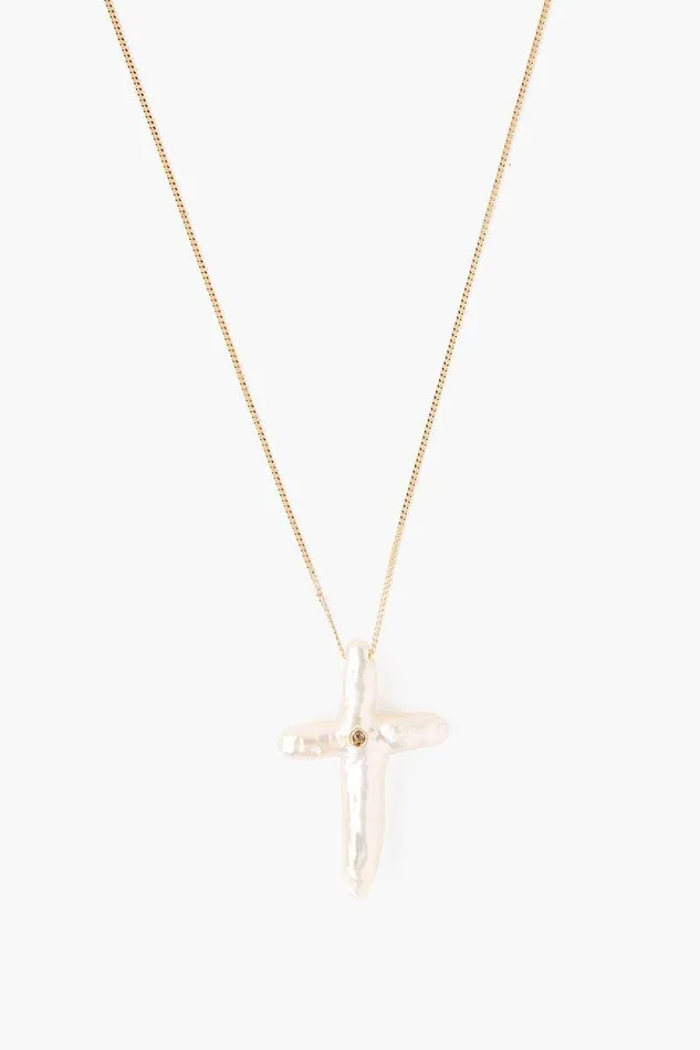 Chan Luu Necklaces Women 14k White Baroque Pearl Cross And Champagne Diamond Necklace Chan Luu Necklaces Women 14k White Baroque Pearl Cross And Champagne Diamond Necklace