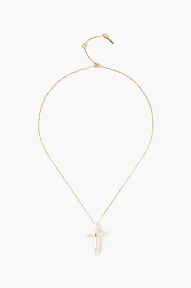 Chan Luu Necklaces Women 14k White Baroque Pearl Cross And Champagne Diamond Necklace