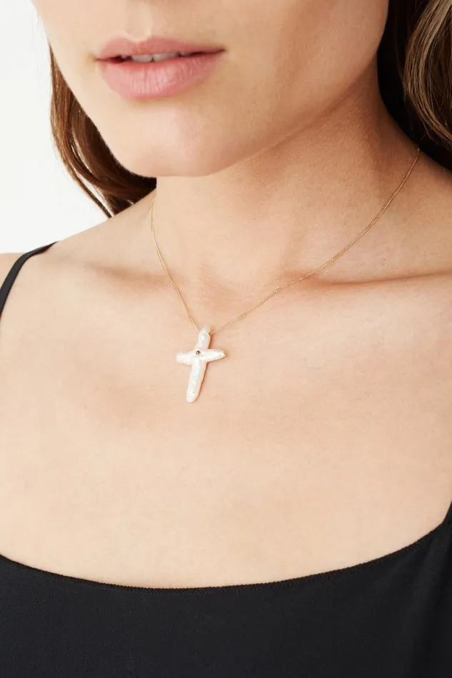 Chan Luu Necklaces Women 14k White Baroque Pearl Cross And Champagne Diamond Necklace