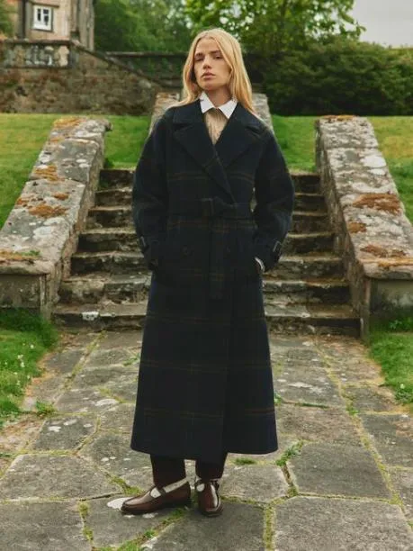 Coats and Jackets Women Joules Navy Longline Wool Blend Coat With Belt