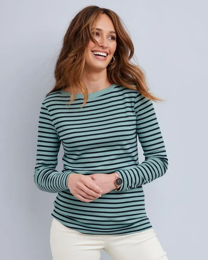 Cotton Traders Tops and TShirts Wrinkle Free Long Sleeve Boat Neck Stripe Jersey Top 8211 Women