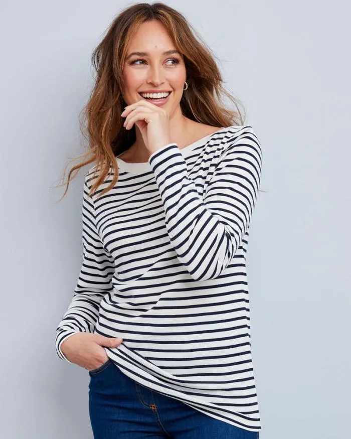 Cotton Traders Tops and TShirts Wrinkle Free Long Sleeve Boat Neck Stripe Jersey Top 8211 Women