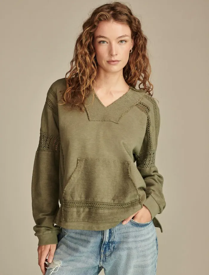 Crochet Trim Baja Hoodie Dusty Olive Women Lucky Brand Activewear