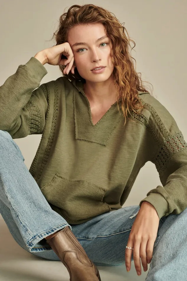 Crochet Trim Baja Hoodie Dusty Olive Women Lucky Brand Activewear