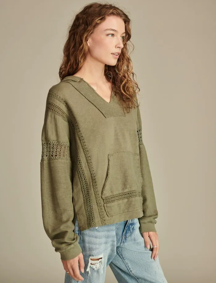 Crochet Trim Baja Hoodie Dusty Olive Women Lucky Brand Activewear