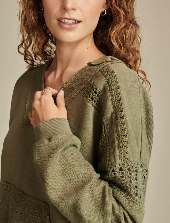 Crochet Trim Baja Hoodie Dusty Olive Women Lucky Brand Activewear