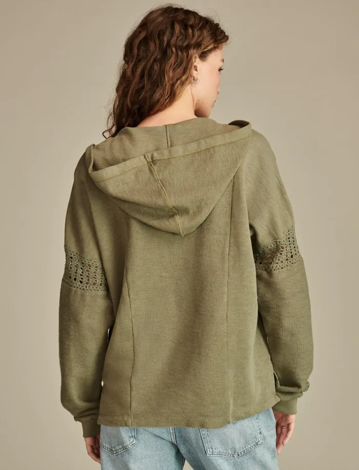 Crochet Trim Baja Hoodie Dusty Olive Women Lucky Brand Activewear