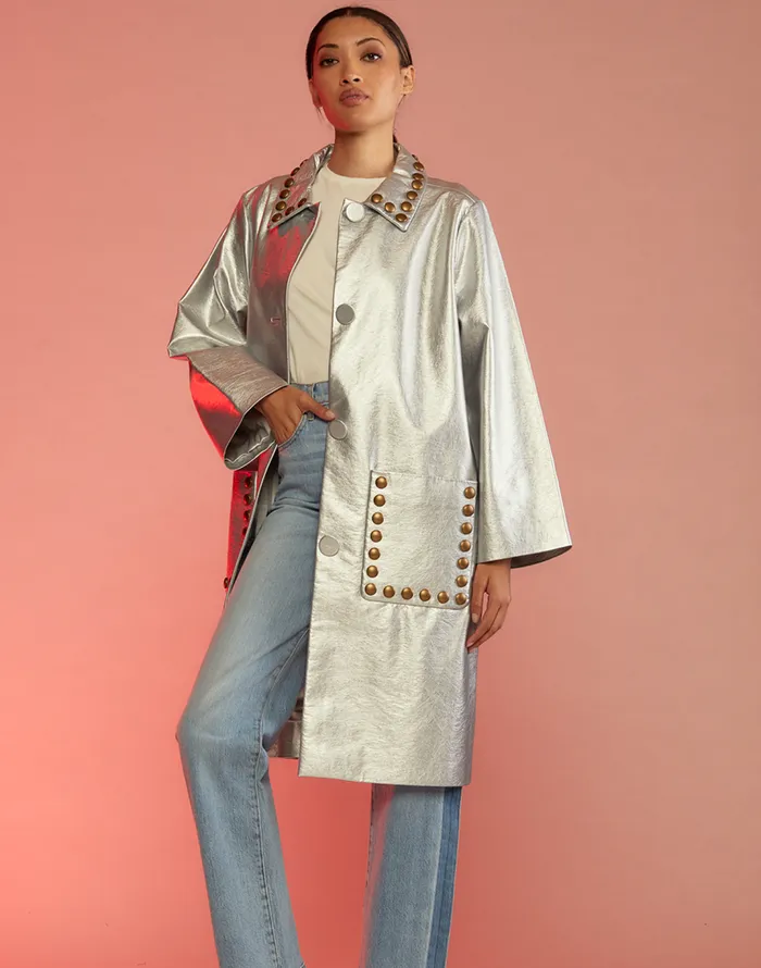 Cynthia Rowley Vegan Studded Leather Coat Women Jackets and Coats