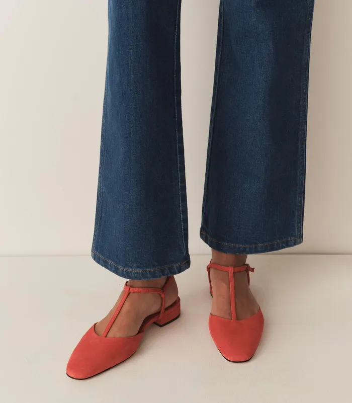 DEN Shoes Women Cristina TStrap Flat Fuego Suede
