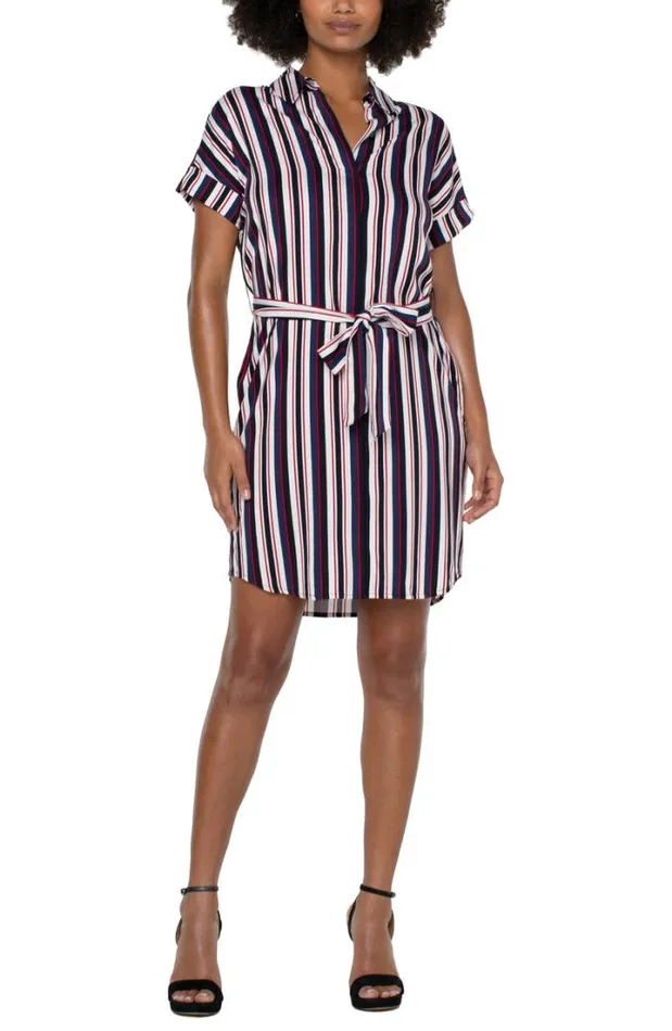 DRESSES Women Liverpool Los Angeles BELTED SHIRT DRESS Navy Lollipop Red Bold Stripe