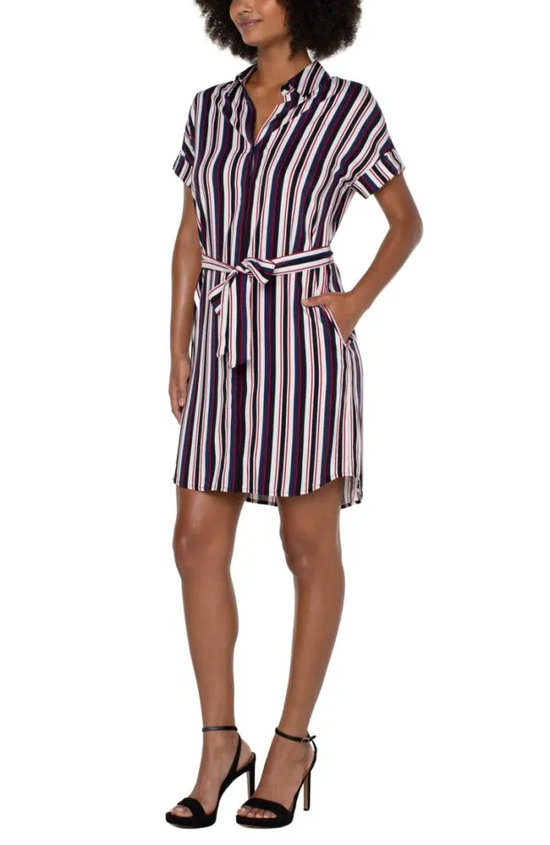 DRESSES Women Liverpool Los Angeles BELTED SHIRT DRESS Navy Lollipop Red Bold Stripe