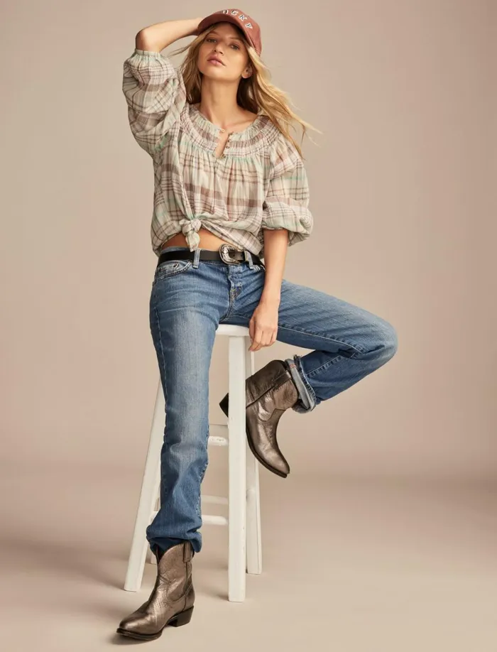 Easy Smocked Blouse Aqua Plaid Women Lucky Brand Blouses