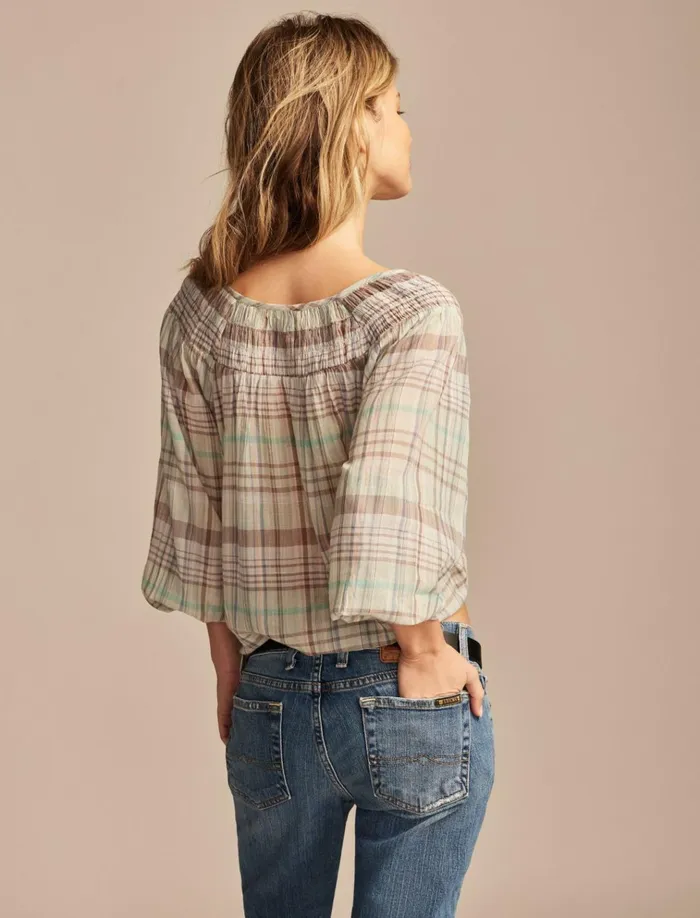 Easy Smocked Blouse Aqua Plaid Women Lucky Brand Blouses