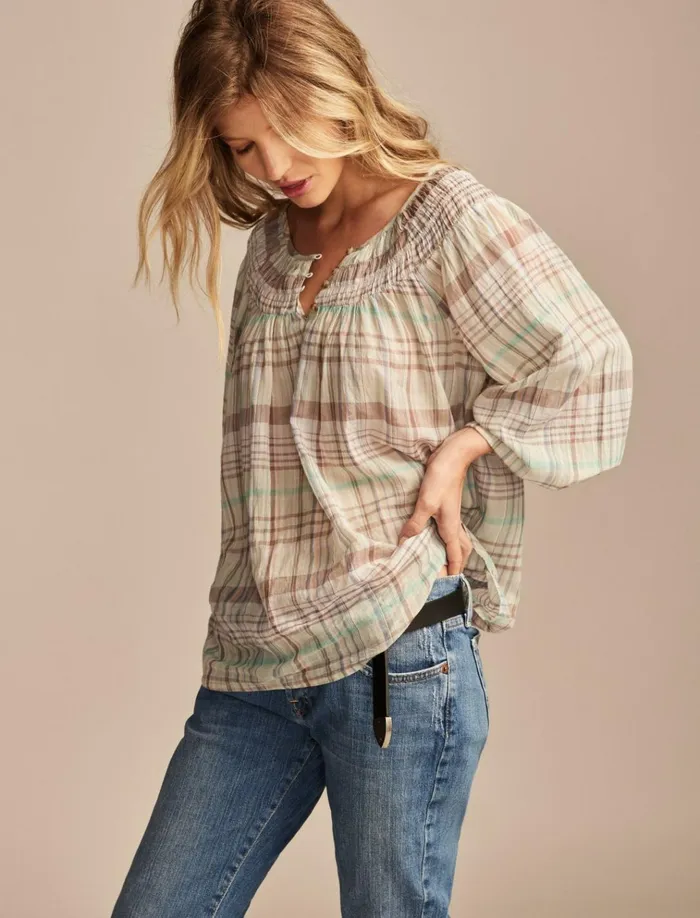 Easy Smocked Blouse Aqua Plaid Women Lucky Brand Blouses