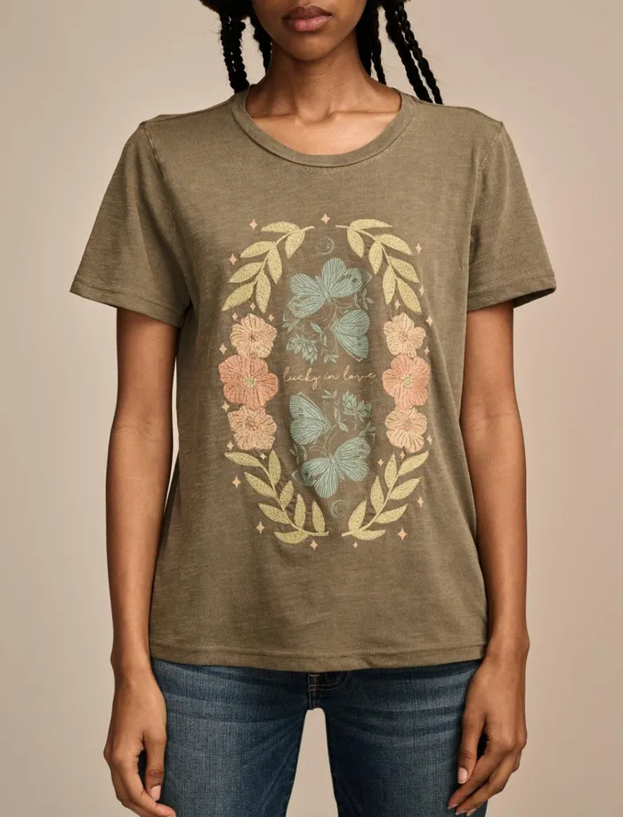 Embroidered Butterfly Floral Classic Crew Bungee Cord Women Lucky Brand Graphic Tees