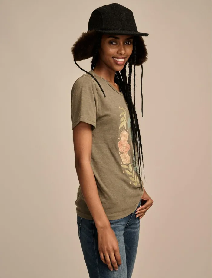 Embroidered Butterfly Floral Classic Crew Bungee Cord Women Lucky Brand Graphic Tees
