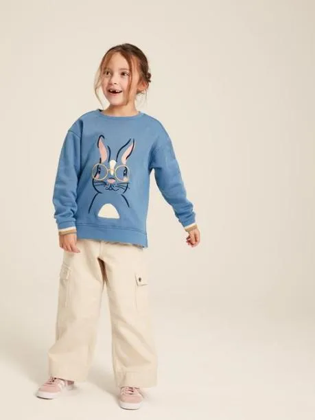 Fleeces and Sweatshirts Girls Joules Blue Rabbit Embroidered Artwork Crew Neck Sweatshirt