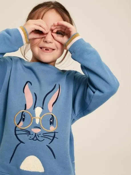 Fleeces and Sweatshirts Girls Joules Blue Rabbit Embroidered Artwork Crew Neck Sweatshirt