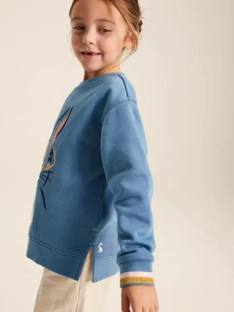 Fleeces and Sweatshirts Girls Joules Blue Rabbit Embroidered Artwork Crew Neck Sweatshirt