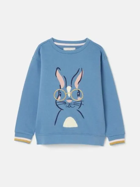 Fleeces and Sweatshirts Girls Joules Blue Rabbit Embroidered Artwork Crew Neck Sweatshirt