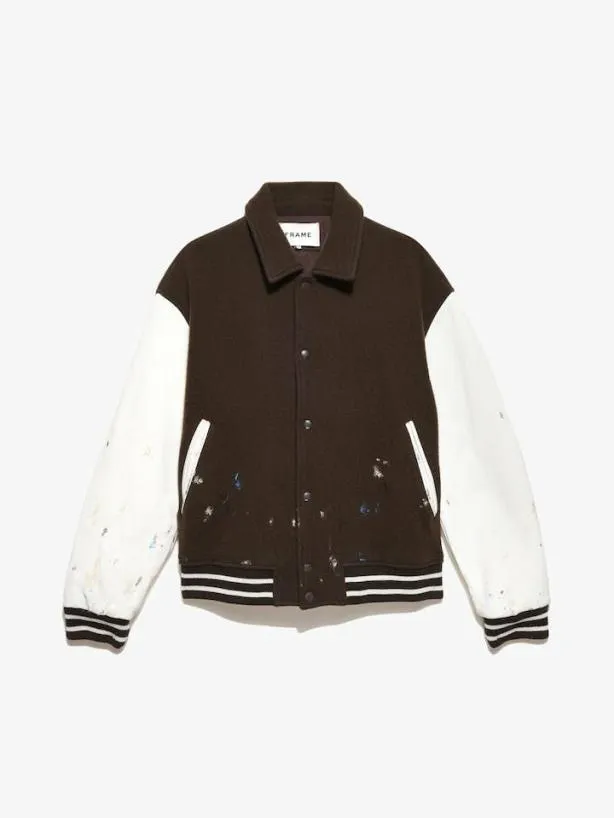 Frame Hand Painting Varsity Jacket In Espresso Ecru Sleeves Espressoecru Men Jackets and Coats