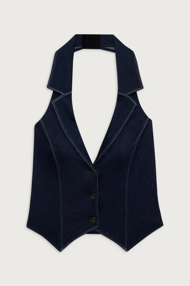 Frankies Bikinis Charly Denim Halter Top Blue Denim Women Tops