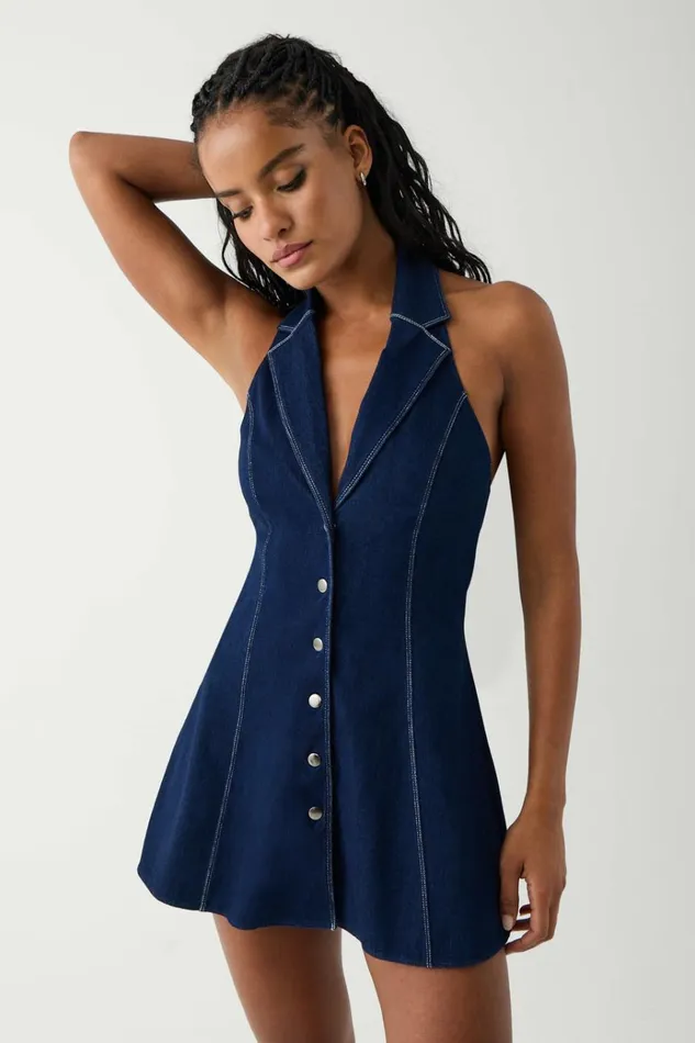 Frankies Bikinis Moonlight Denim Halter Dress Blue Denim Women Dresses