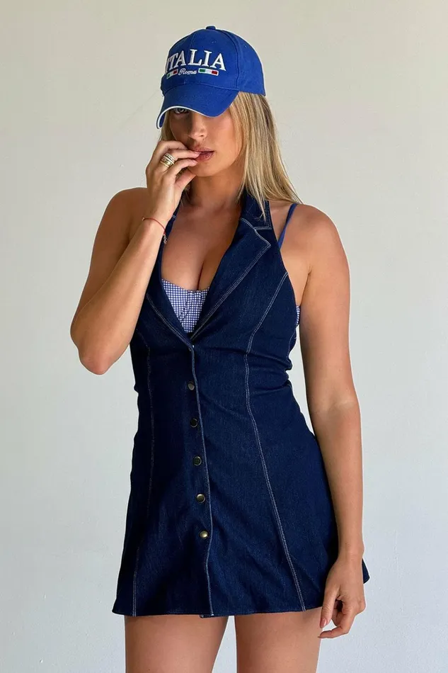 Frankies Bikinis Moonlight Denim Halter Dress Blue Denim Women Dresses