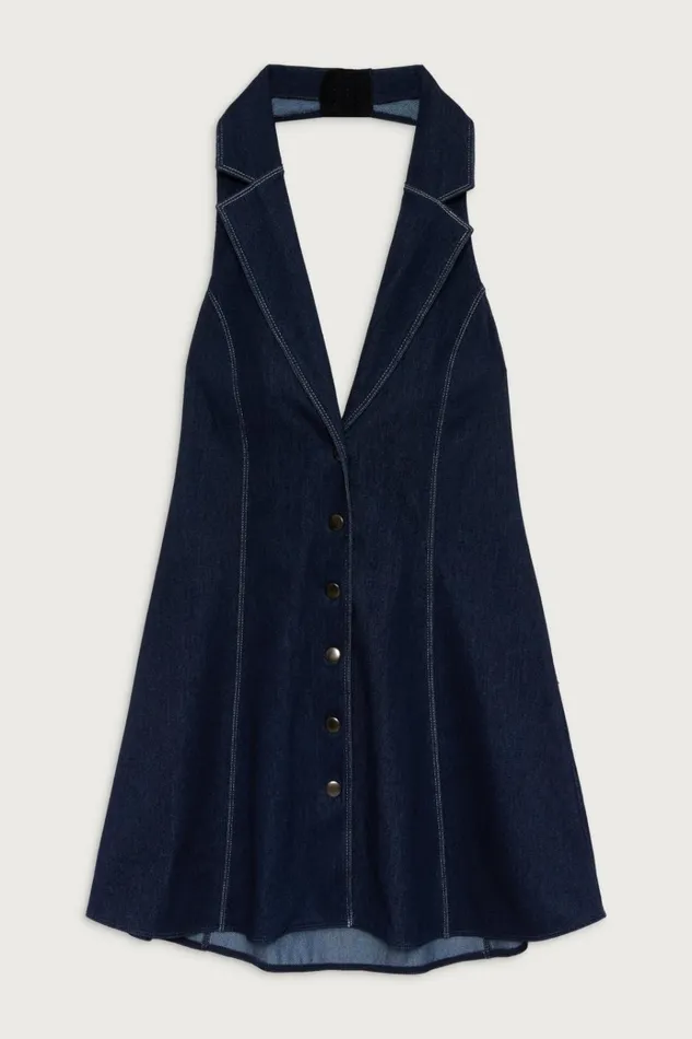 Frankies Bikinis Moonlight Denim Halter Dress Blue Denim Women Dresses