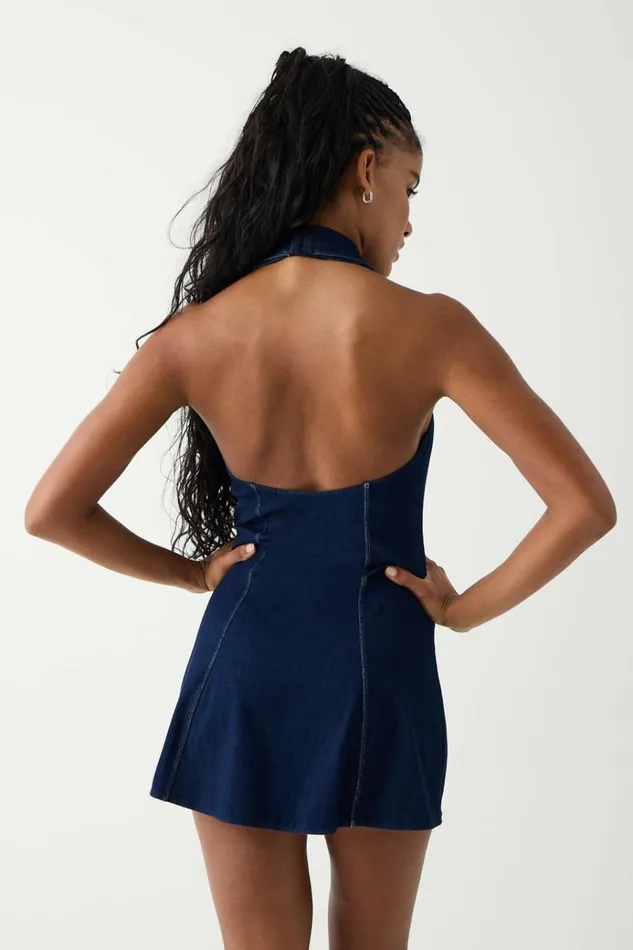 Frankies Bikinis Moonlight Denim Halter Dress Blue Denim Women Dresses