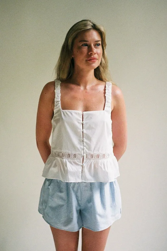 Frankies Bikinis X DJERF AVENUE Airy Poplin Buttoned Top White Women Matching Sets