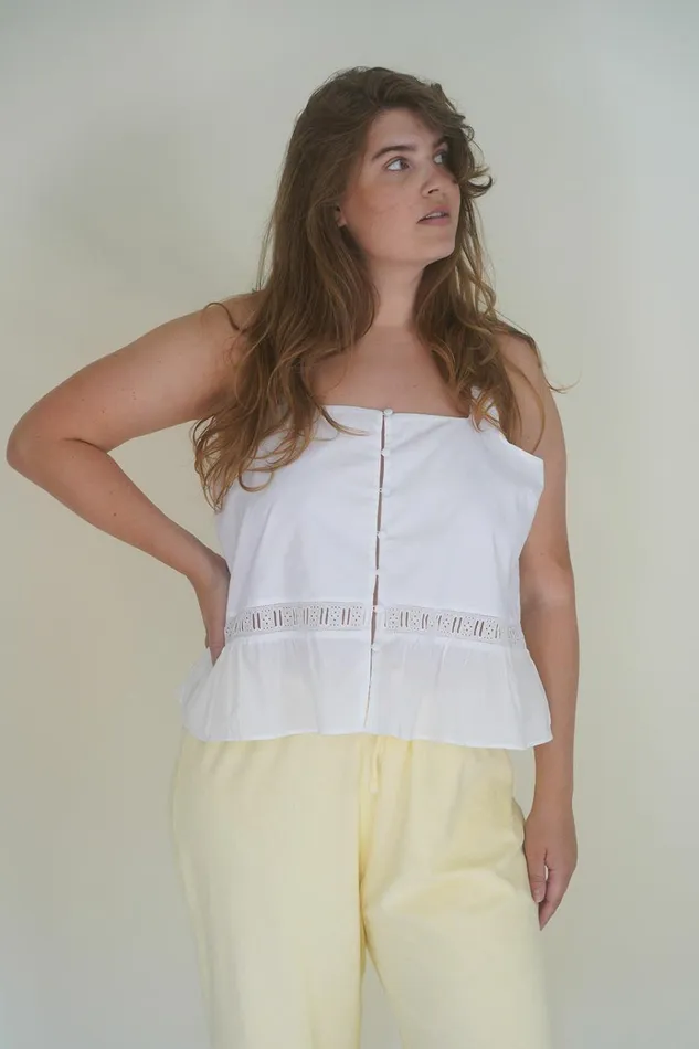 Frankies Bikinis X DJERF AVENUE Airy Poplin Buttoned Top White Women Matching Sets