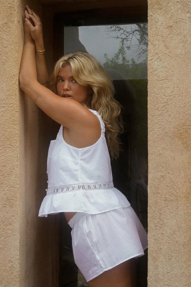 Frankies Bikinis X DJERF AVENUE Airy Poplin Buttoned Top White Women Matching Sets