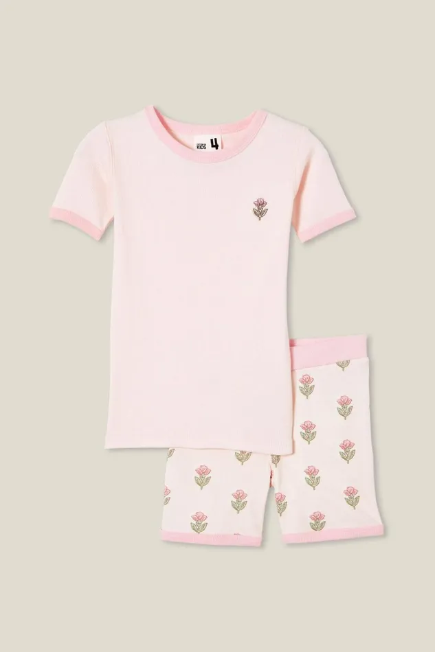 GirlsBoys Sleepwear Cotton On Talia Short Sleeve Pyjama Set Crystal Pinkwood Stamp Floral