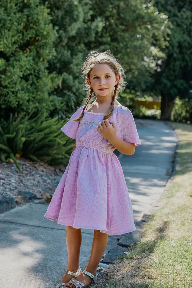 Girls Dresses Cotton On Paige Short Sleeve Dress Lilac Dropfloral Embroidery