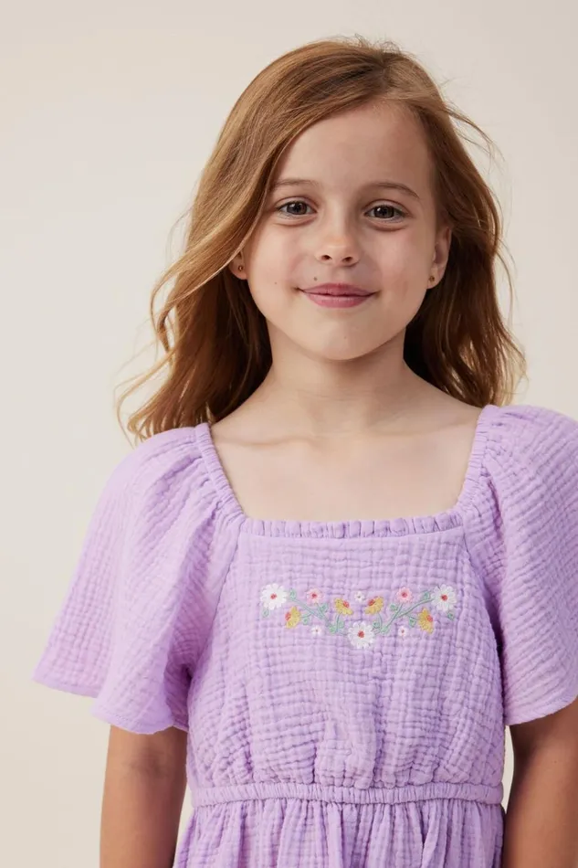 Girls Dresses Cotton On Paige Short Sleeve Dress Lilac Dropfloral Embroidery Girls Dresses Cotton On Paige Short Sleeve Dress Lilac Dropfloral Embroidery