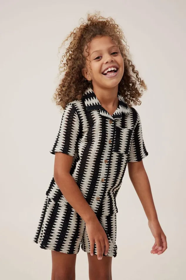 Girls Tops and TShirts Cotton On Phoebe Resort Shirt Blackvanilla Stripe