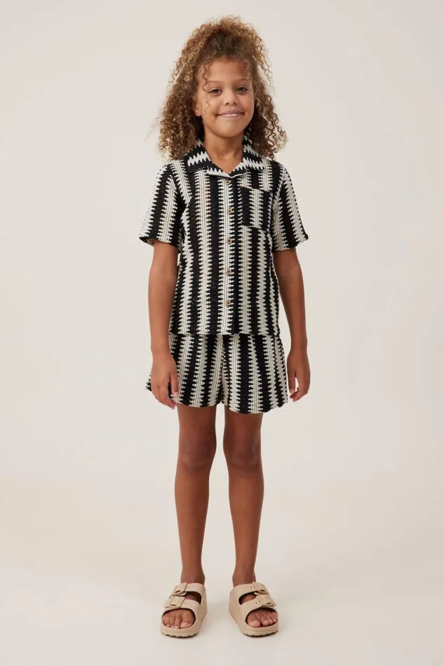 Girls Tops and TShirts Cotton On Phoebe Resort Shirt Blackvanilla Stripe