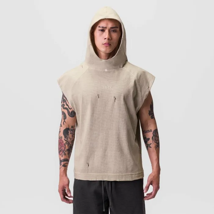 Hoodies and Sweatshirts Men ASRV Tech Essential Cutoff Hoodie Faded Beige