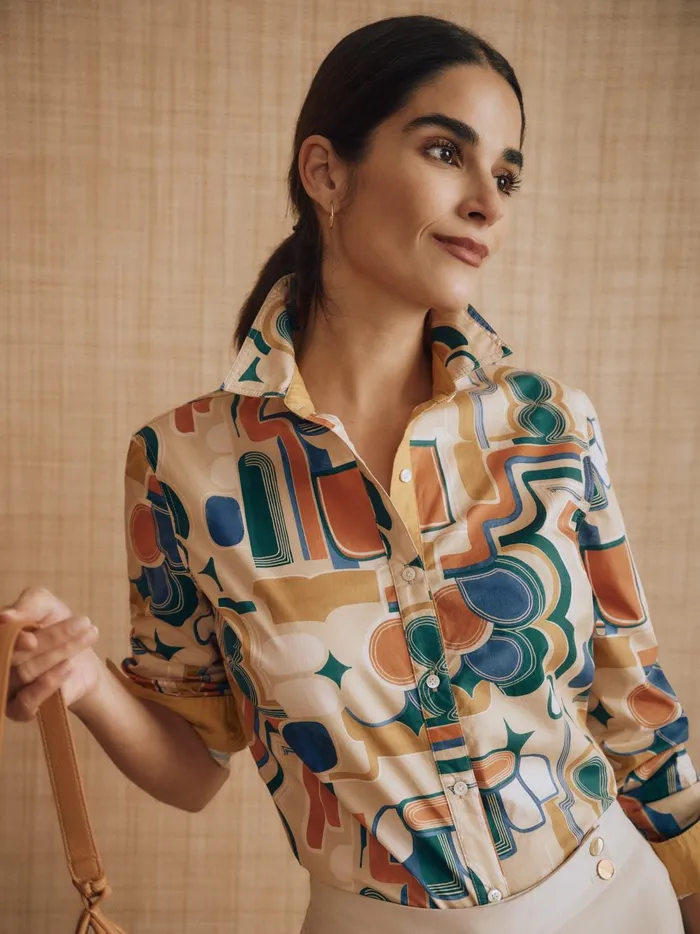 JMclaughlin Lois Shirt In Abstract Expressionism Goldblueorange Women Shirts and Tops JMclaughlin Lois Shirt In Abstract Expressionism Goldblueorange Women Shirts and Tops