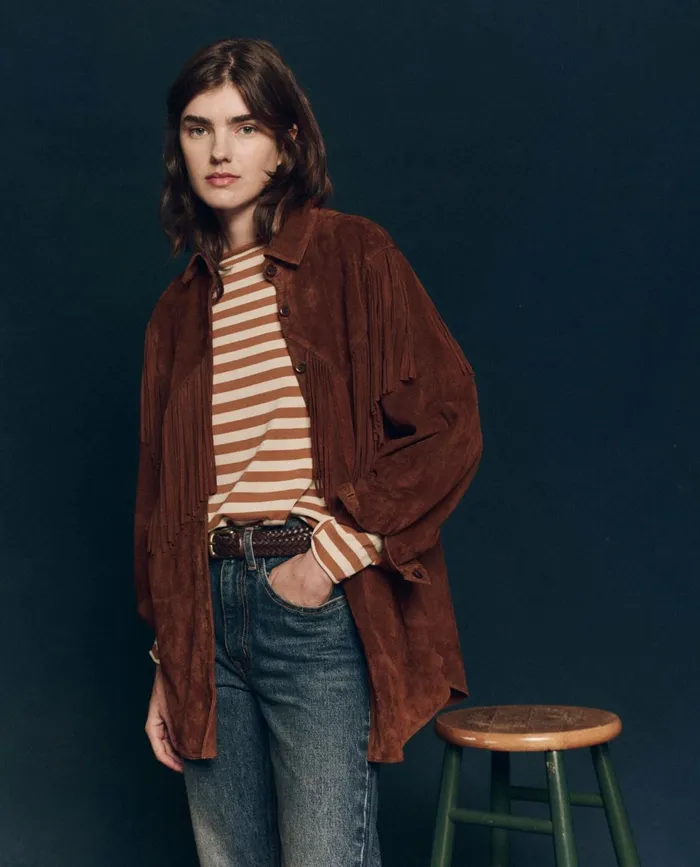 Jackets and Outerwear Women The Great The Suede Fringe Shirt Jacket Cognac