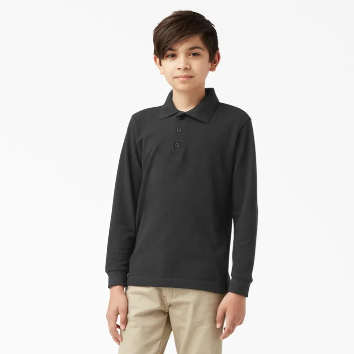 Kids039 Piqu Long Sleeve Polo 420 Black Black kbk Kids Dickies Shirts