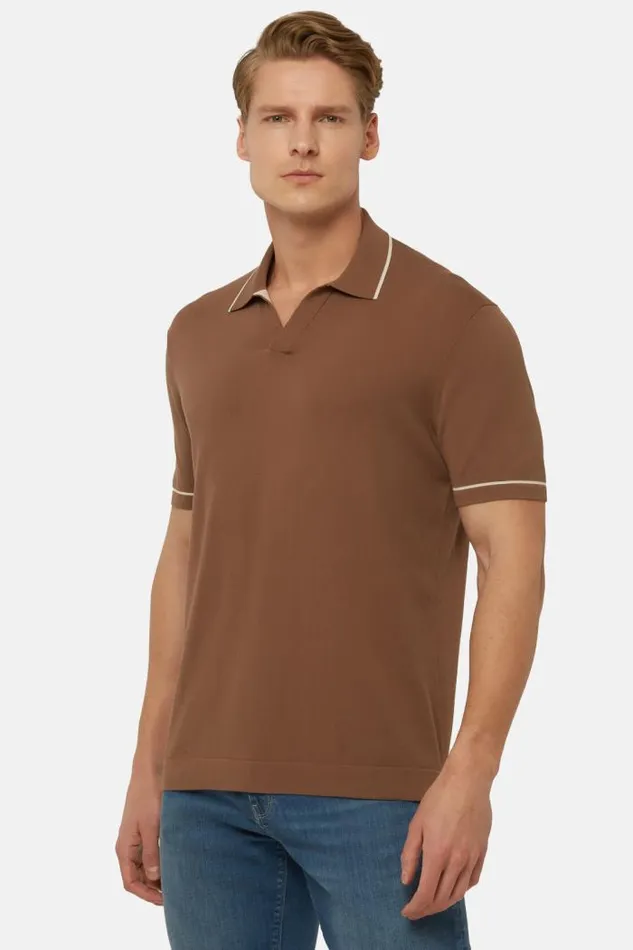 Knitwear Men Boggi Milano Brown Cotton Crepe Knit Polo Shirt Brown Knitwear Men Boggi Milano Brown Cotton Crepe Knit Polo Shirt Brown