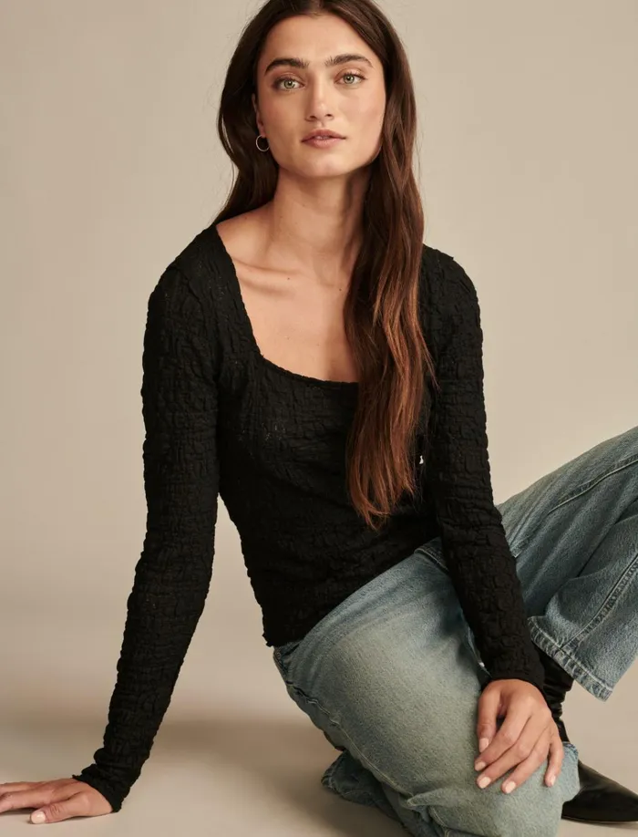 Long Sleeve Textured Top Jet Black Women Lucky Brand Knit Tops
