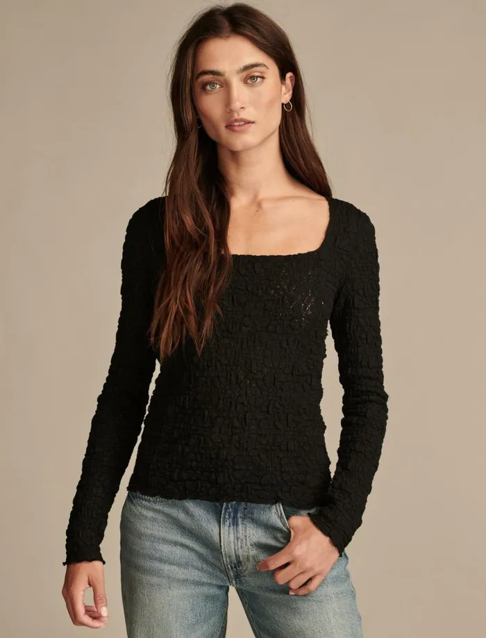 Long Sleeve Textured Top Jet Black Women Lucky Brand Knit Tops