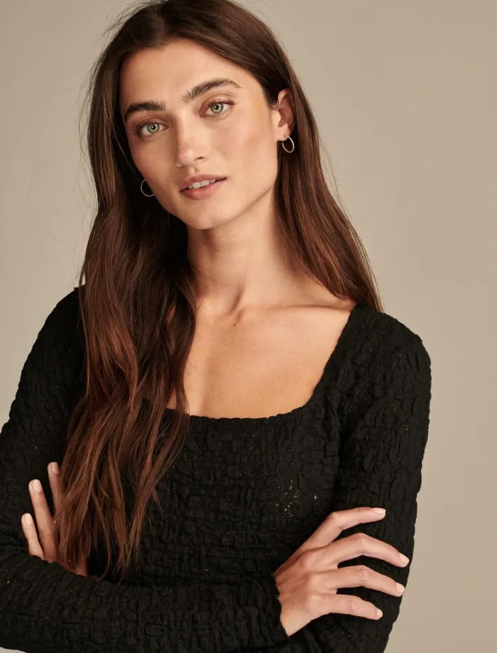 Long Sleeve Textured Top Jet Black Women Lucky Brand Knit Tops
