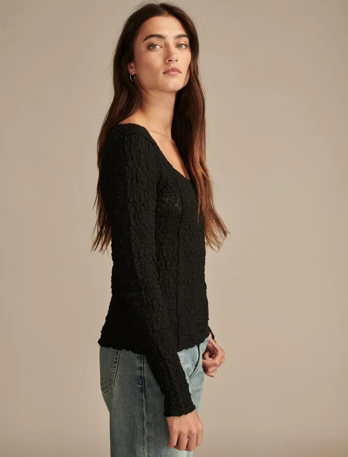 Long Sleeve Textured Top Jet Black Women Lucky Brand Knit Tops