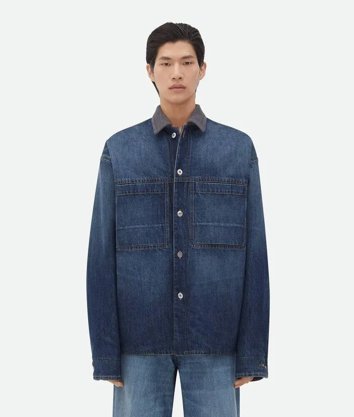 Men Bottega Veneta Jackets Reversible Wool Denim Jacket Mid Bluegrey Melange