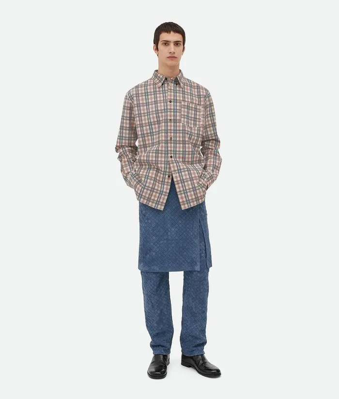 Men Bottega Veneta Leather Printed Leather Checked Shirt Birchfondantred